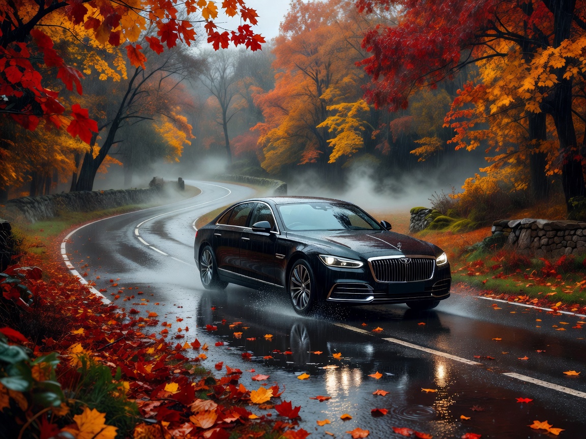 Luxury car driving through wet asphalt roads during a rainy autumn season in the United Kingdom