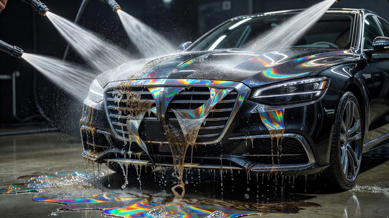 Prismatic high-pressure water rinse sequence removing traffic film from the front grille of a premium car