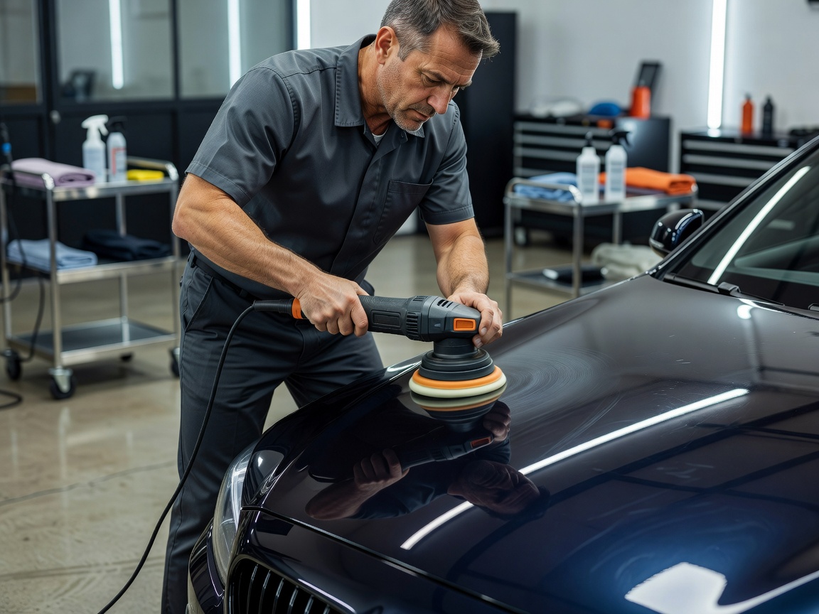 Professional detailing specialist operating a dual-action random orbital polisher to correct paintwork swirls