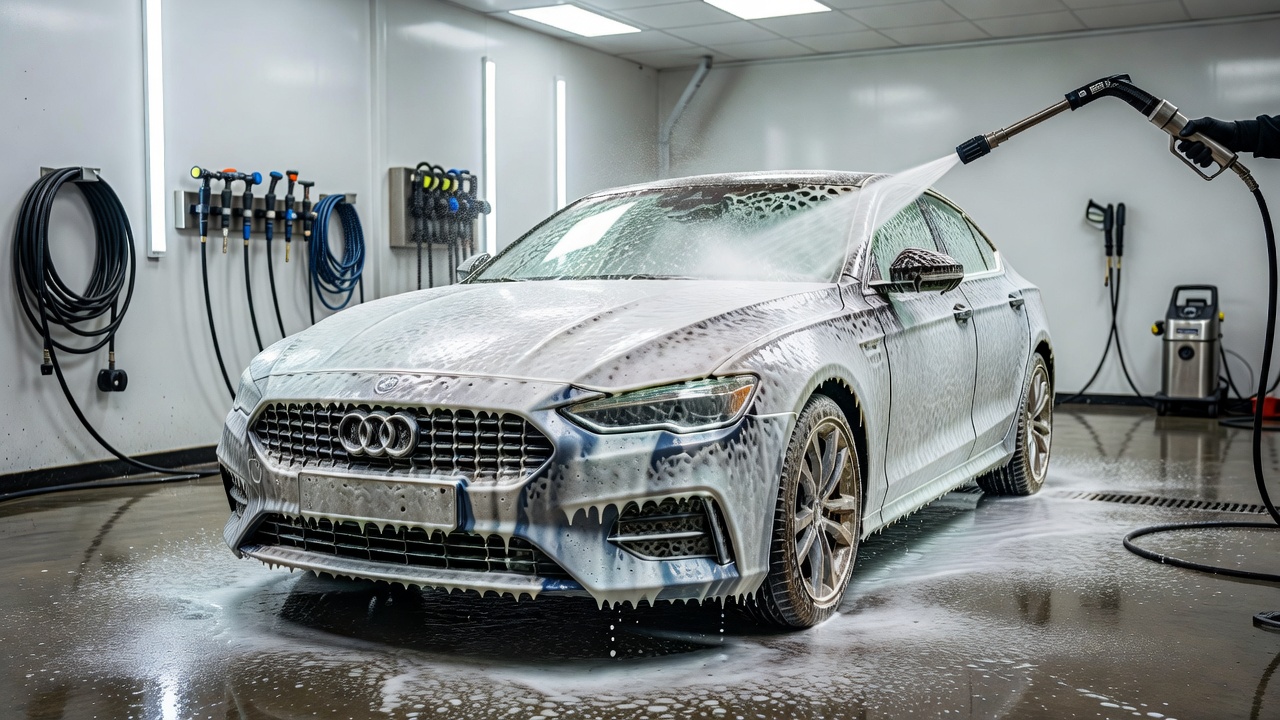 Professional vehicle wash bay layout at Krypshowharbr displaying clean high-pressure snow foam application on a car