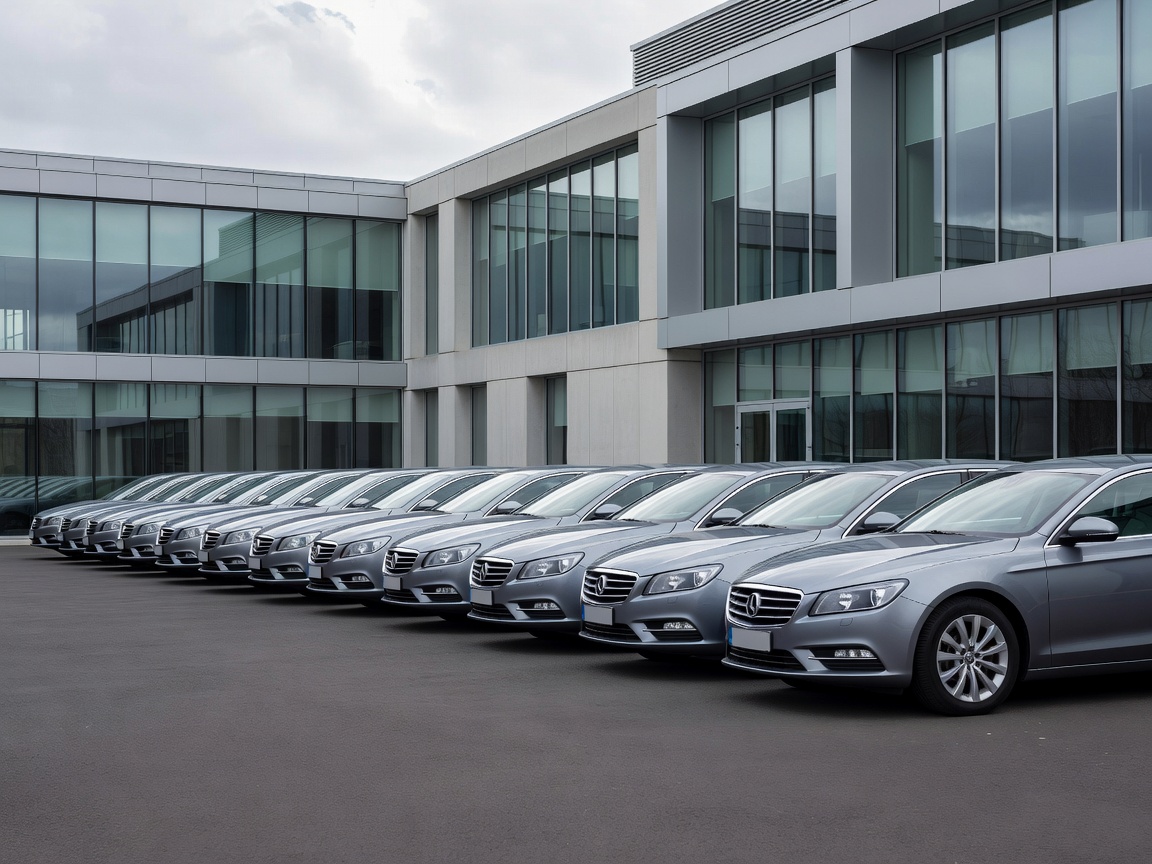 Row of pristine company fleet vehicles parked consistently outside a modern corporate headquarter in the UK