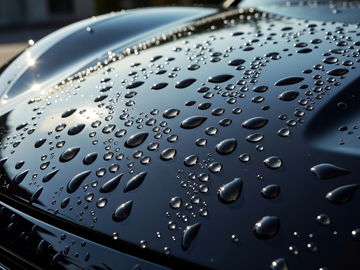 Water beading cleanly in perfectly spherical droplets on a highly glossy ceramic-coated car hood surface